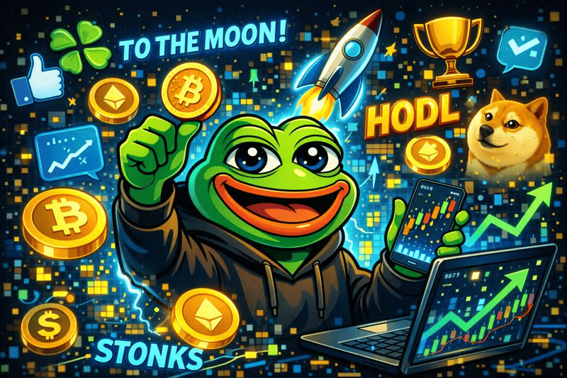 Pepe frog in crypto meme scene with symbols and trading screen.
