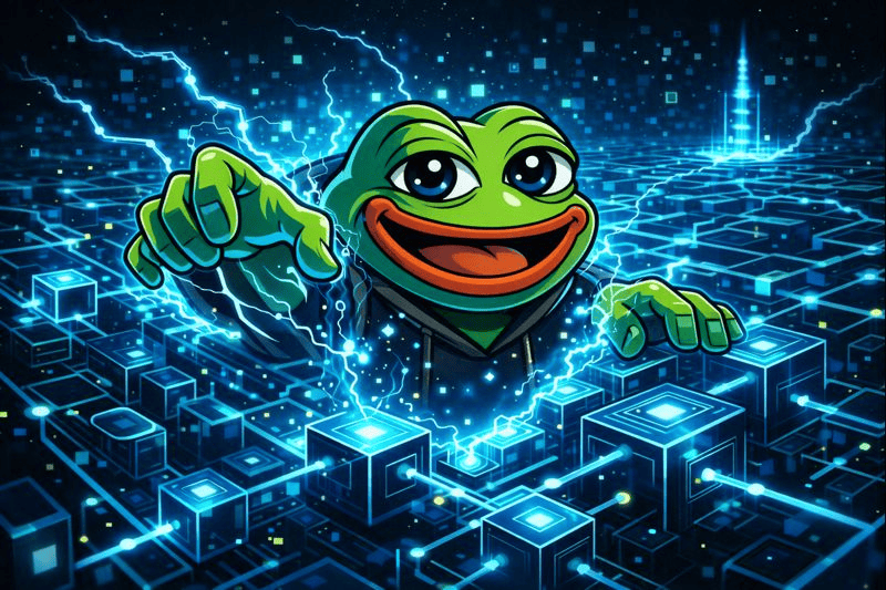 Pepe frog emerging from glowing blockchain grid.