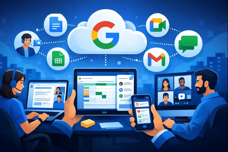 Remote team using Google Apps for cloud-based collaboration across devices.