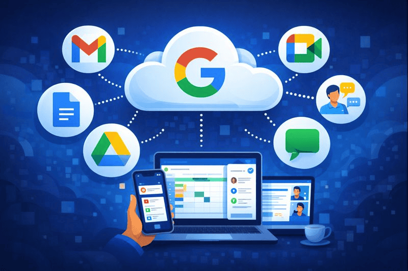 Google Apps ecosystem linking communication, storage, and productivity tools.