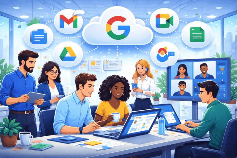 Professionals in modern office collaborating through Google cloud tools.