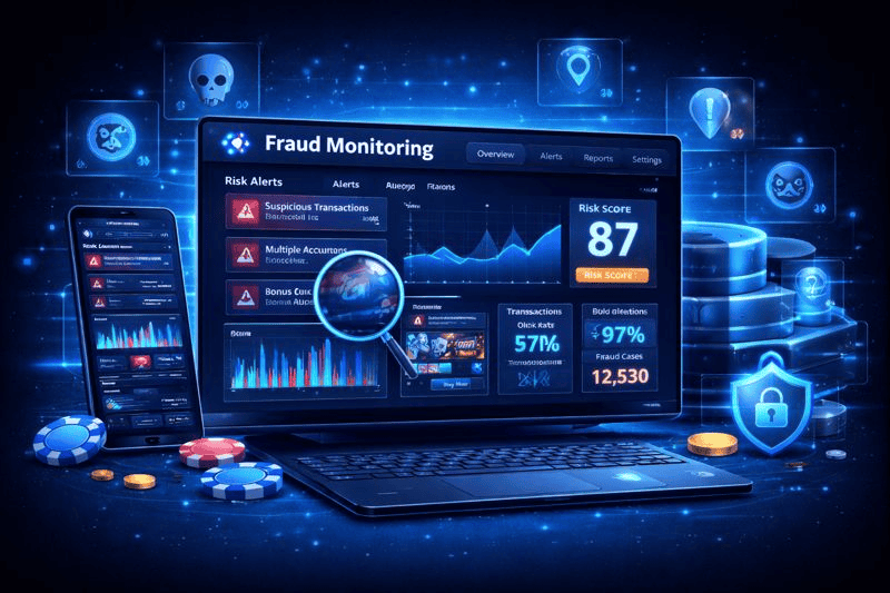Casino site license monitoring fraud dashboard with risk alerts and activity graphs