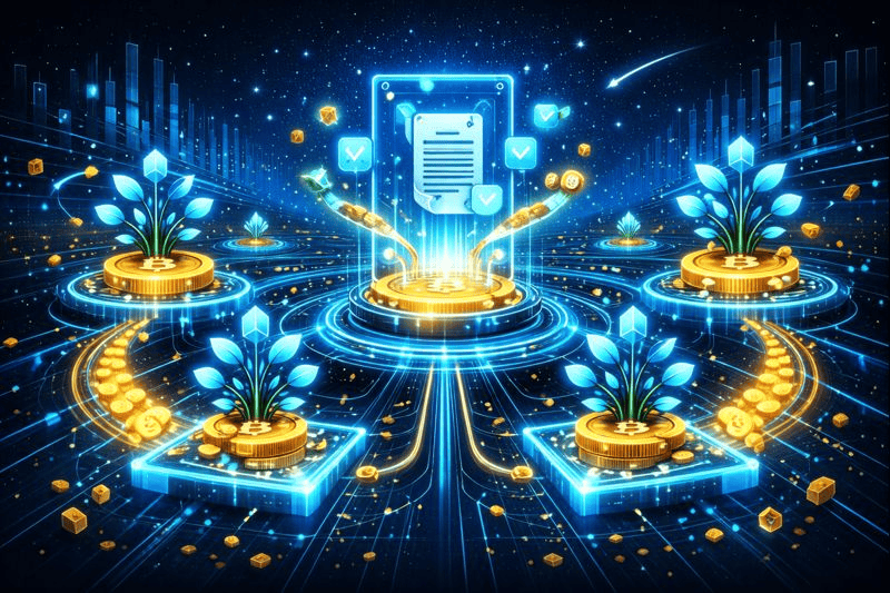 Smart contracts powering crypto rewards ecosystem visually.