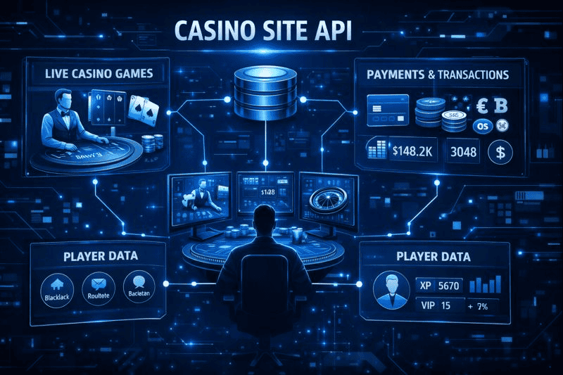 Casino Site API diagram linking games, payments, and data.