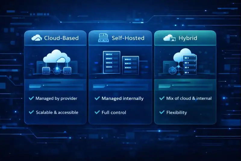 Comparison chart displaying cloud-based, self-hosted, and hybrid deployment options for workflow automation platforms