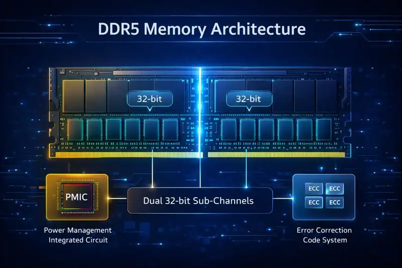 Infographic showing DDR5 memory architecture with labeled components like PMIC, sub-channels, and ECC system