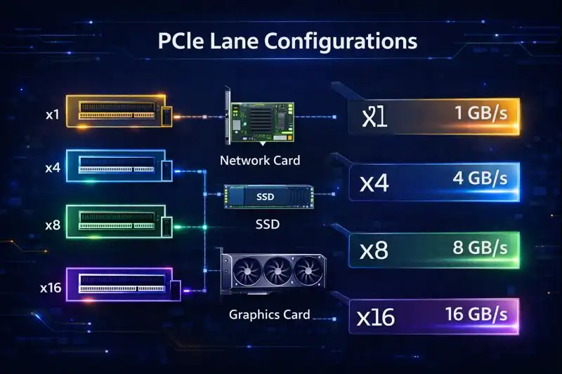 Diagram illustrating different PCIe lane configurations (x1, x4, x8, x16) with labeled components and bandwidth comparisons