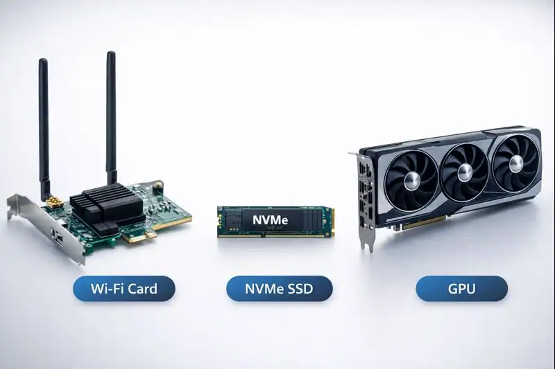 Side-by-side comparison of a Wi-Fi card, NVMe SSD, and GPU showing the varied devices that use PCIe slots