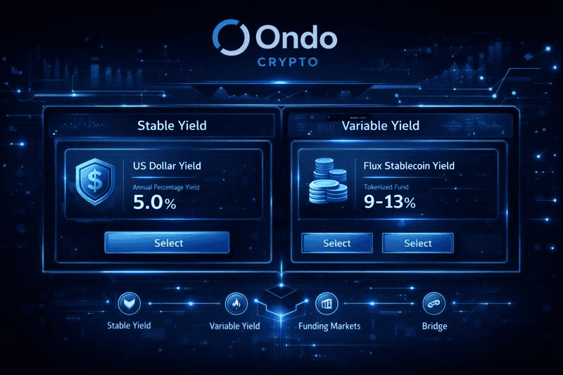 Futuristic Ondo Crypto dashboard displaying stable and variable yield products