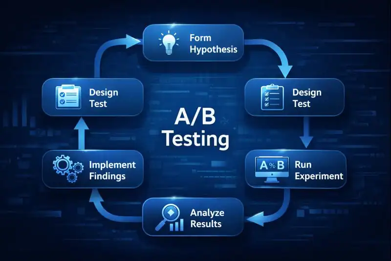 Flowchart showing five steps of A/B Testing, from hypothesis formation to final implementation, with arrows connecting each stage in a cycle.