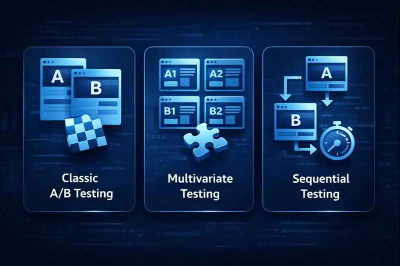 Side-by-side comparison of different types of A/B Testing including classic, multivariate, and sequential, each represented with distinct icons and brief labels.