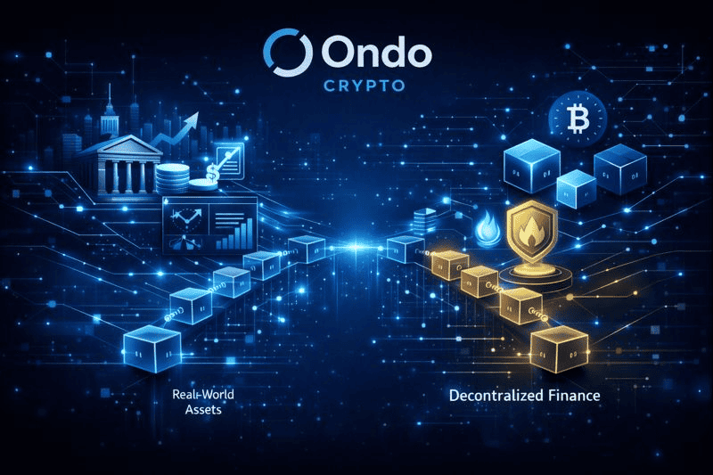 Abstract Ondo Crypto illustration connecting real-world assets and decentralized finance