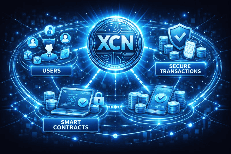 XCN ecosystem with users, smart contracts, and secure transactions