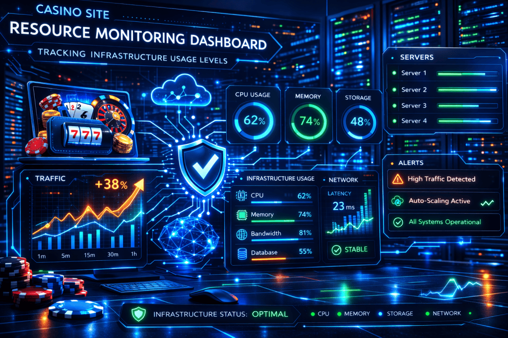 Casino site resource monitoring dashboard tracking infrastructure usage levels