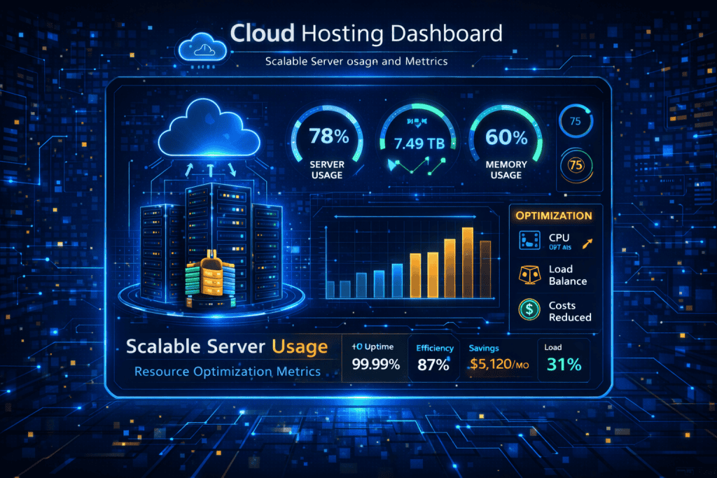 Dashboard showing scalable server usage and resource optimization metrics