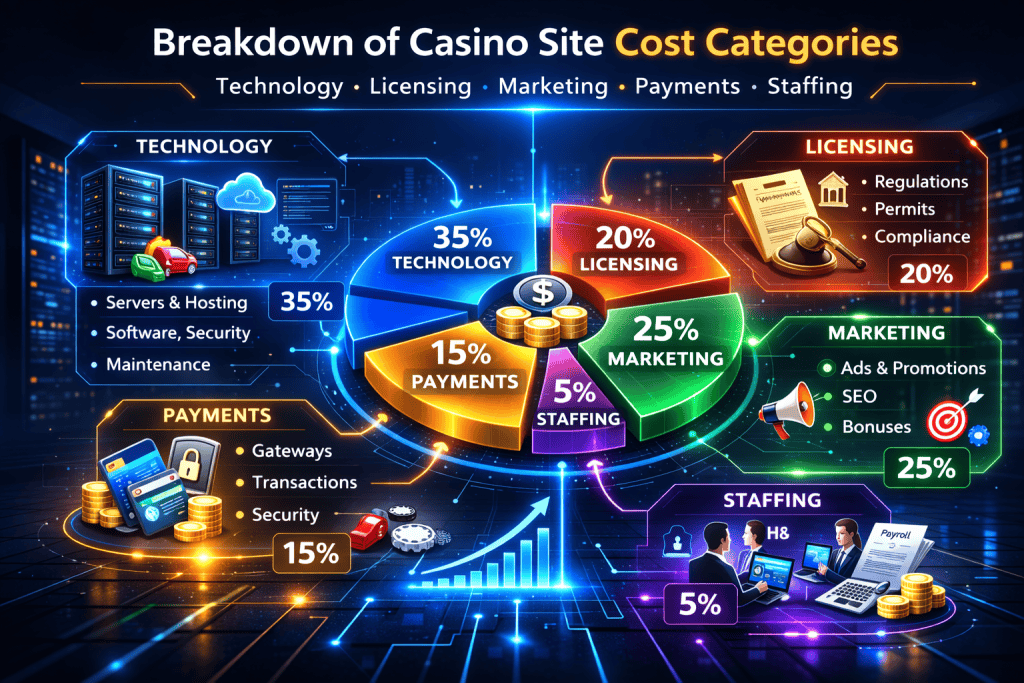 casino site cost categories including technology, licensing, marketing, payments, and staffing