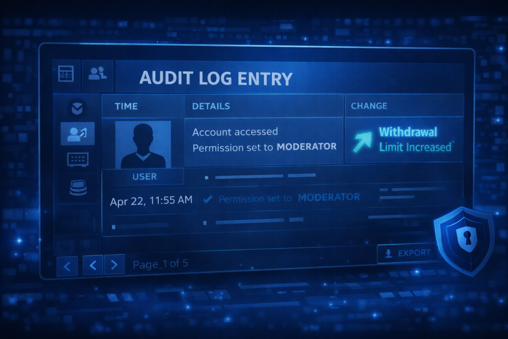 Audit log entry showing casino site access account and recorded system change
