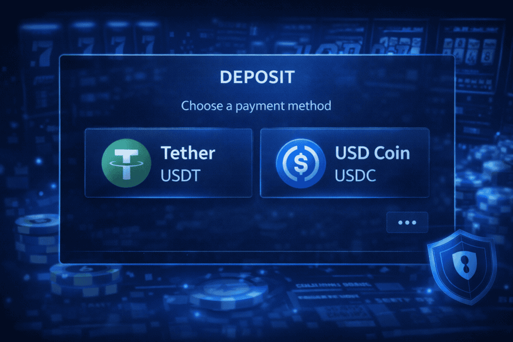 카지노 사이트에 표시된 USDT 및 USDC 결제 옵션 (스테이블코인)