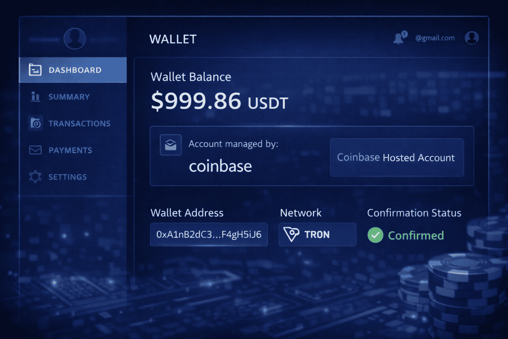 서비스 제공업체가 관리하는 계정을 통해 관리되는 지갑 잔액을 보여주는 암호화폐 계정 대시보드