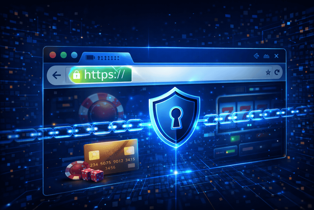 카지노 사이트의 암호화된 연결이 브라우저 주소 표시줄에 안전한 HTTPS 세션을 표시합니다.