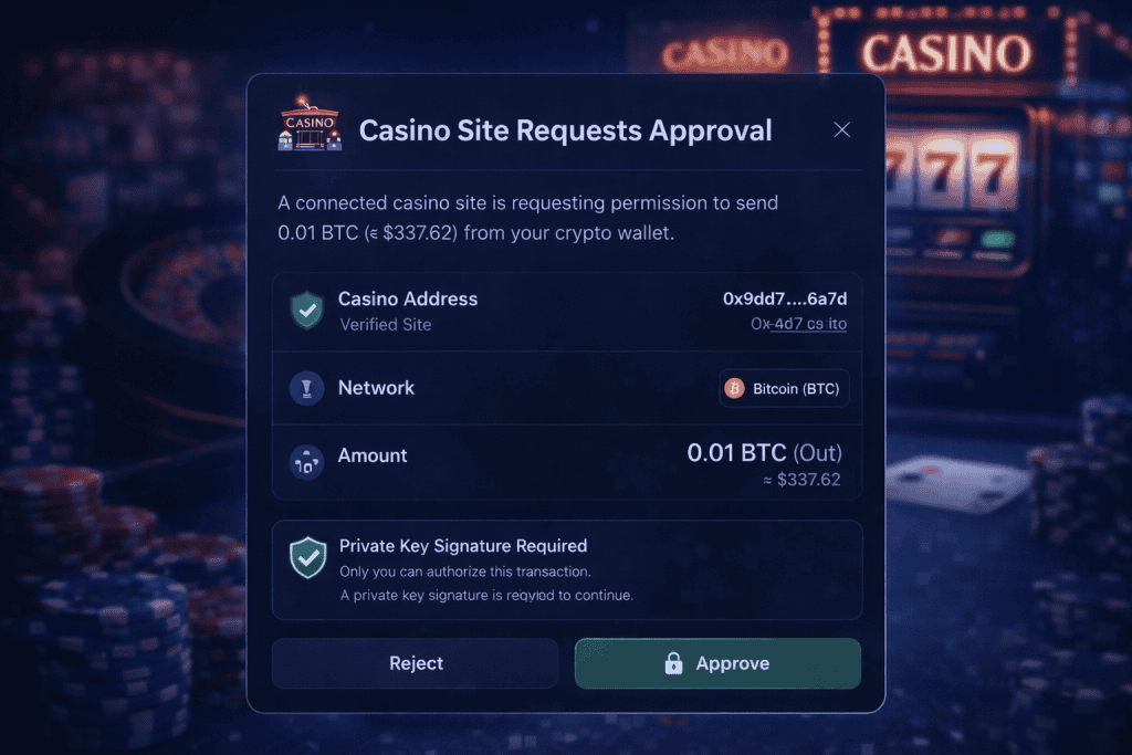 Wallet connection window requesting approval for casino site non-custodial transaction
