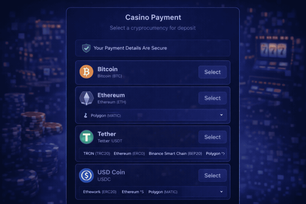 Casino Site Multi-Crypto page showing several supported cryptocurrencies and network options