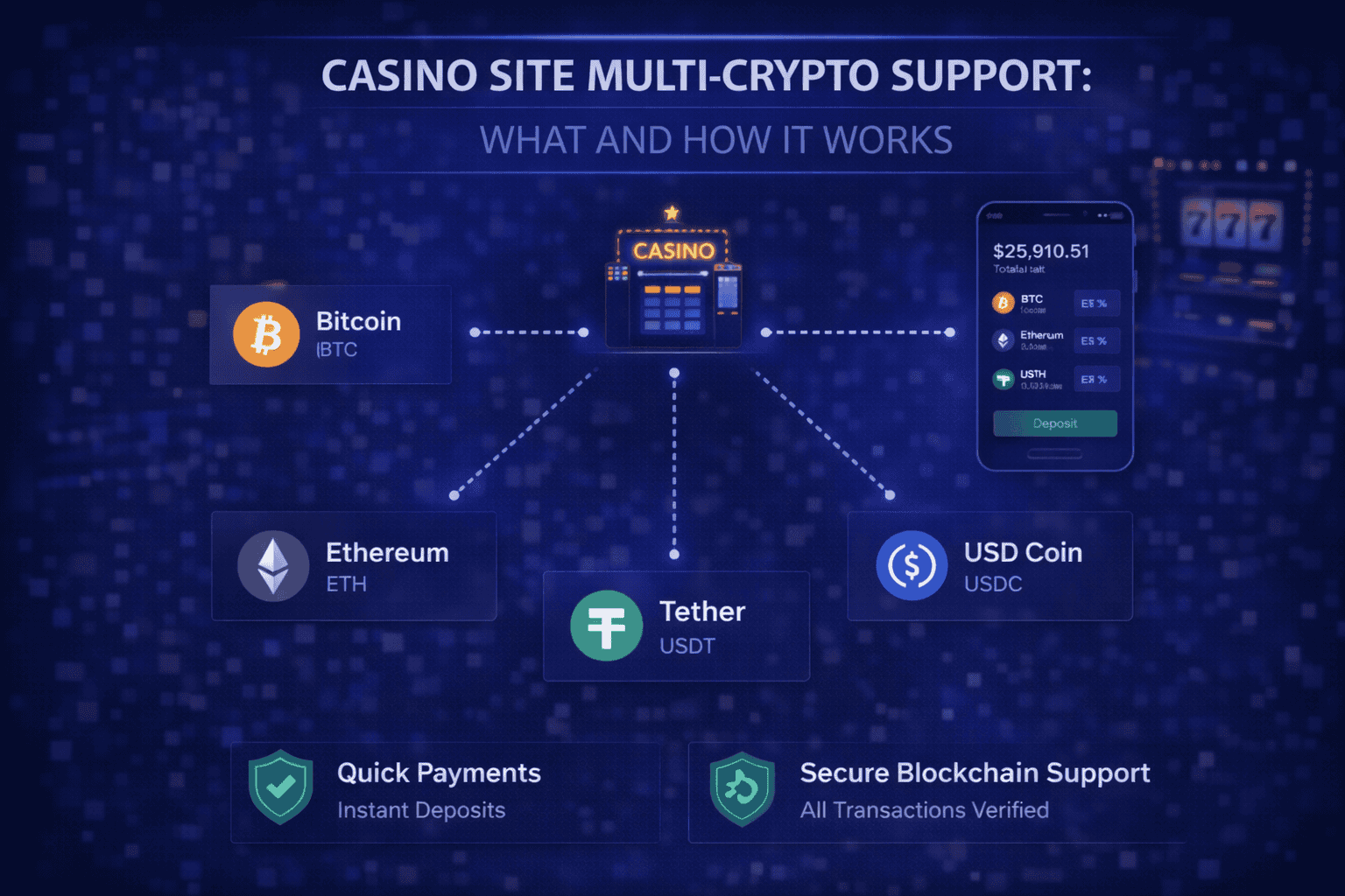 Casino multi-crypto payment dashboard with BTC, ETH, USDT, and USDC