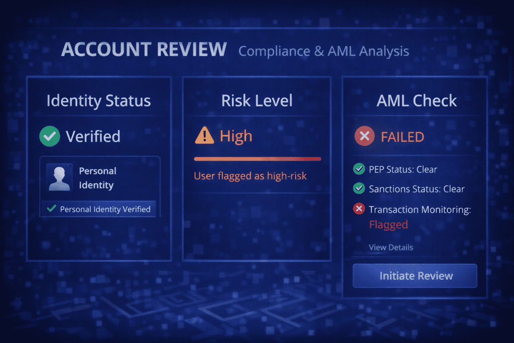 AML 검토 대상인 표시된 거래 및 사용자 활동을 보여주는 규정 준수 대시보드