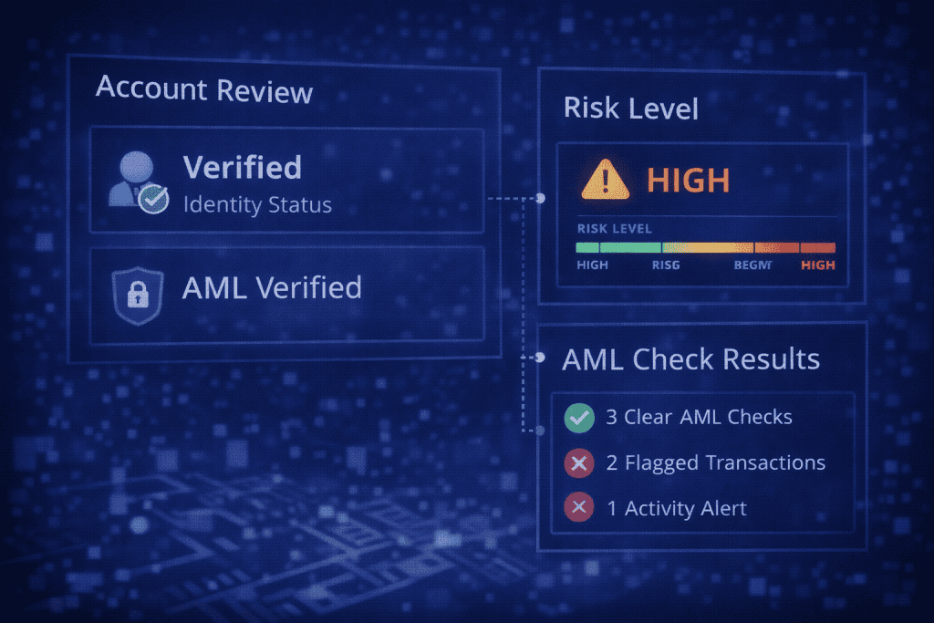 리스크 평가를 위한 계좌 정보 및 거래 내역이 포함된 자금 출처 검토 페이지