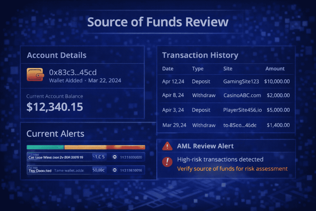 신원 확인 상태, 위험 등급 및 [카지노 사이트 AML 점검 결과를 보여주는 계정 검토 화면