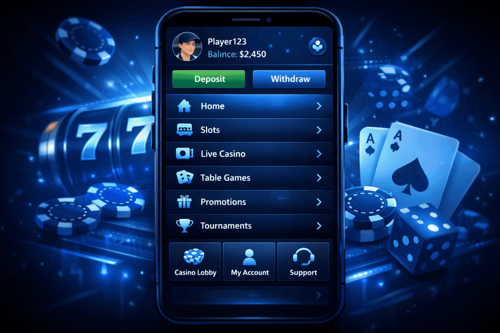 Mobile casino site menu with clear navigation and visible account options