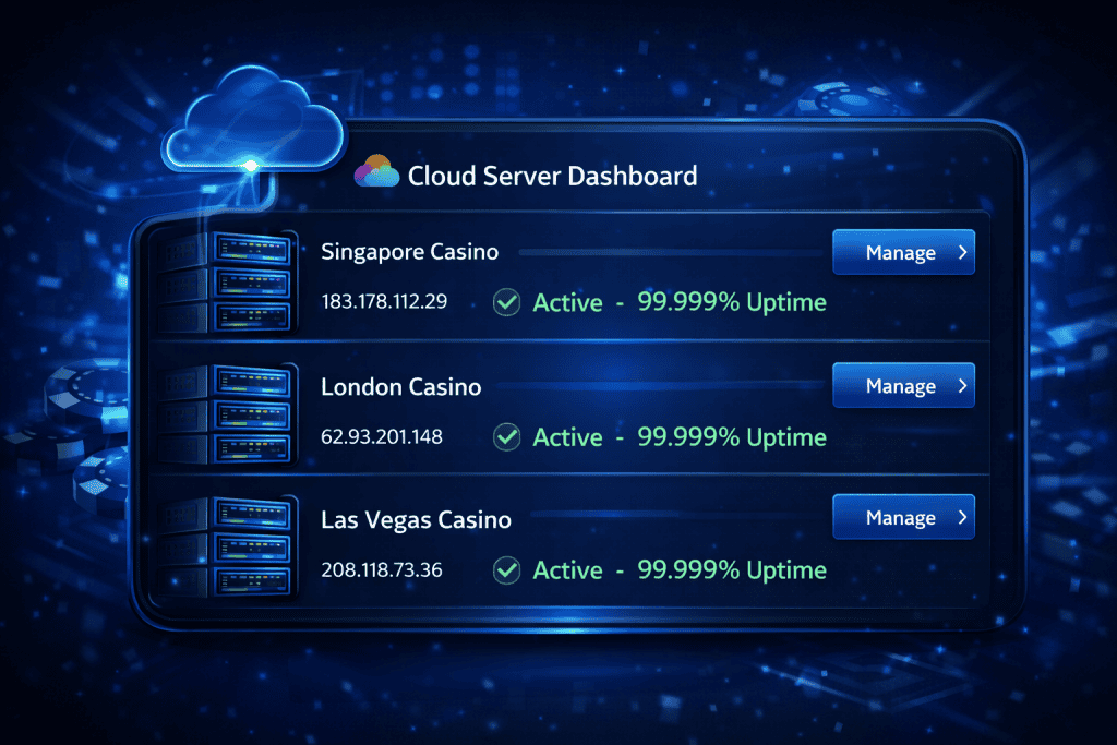 Cloud server dashboard showing active casino platform instances and uptime status