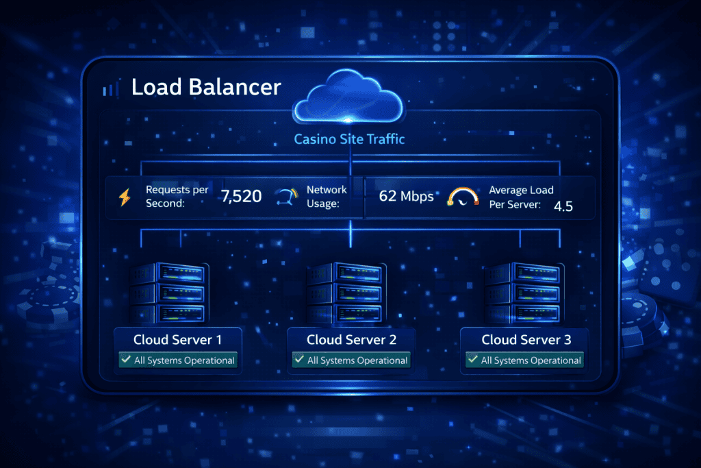 Load balancer panel distributing Casino Site Cloud traffic across multiple cloud servers