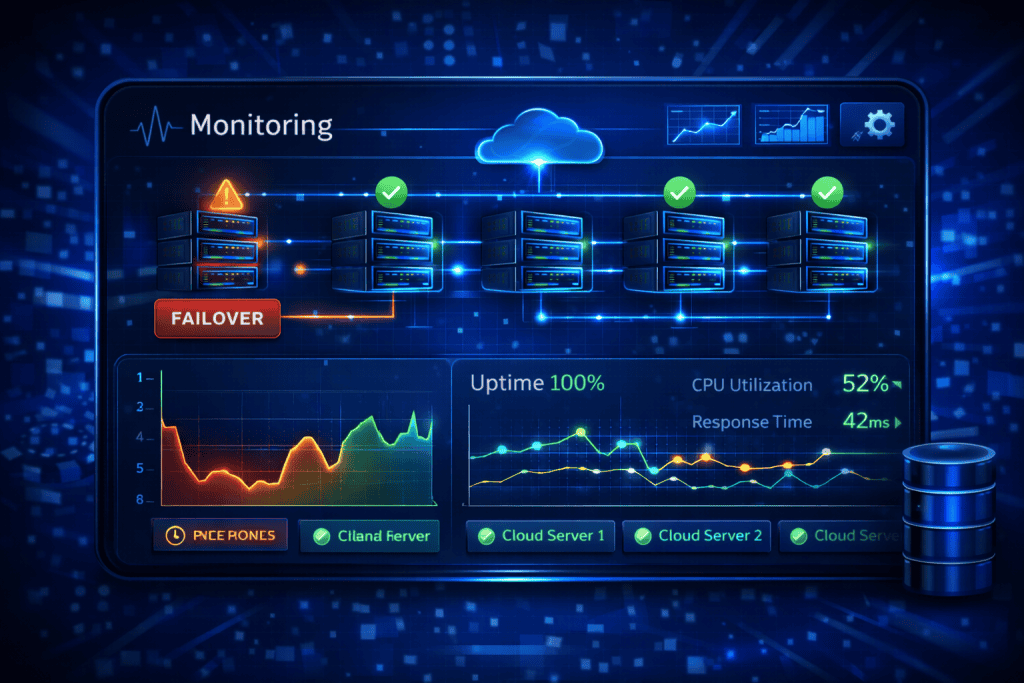 Monitoring screen showing server failover and stable platform performance during high traffic