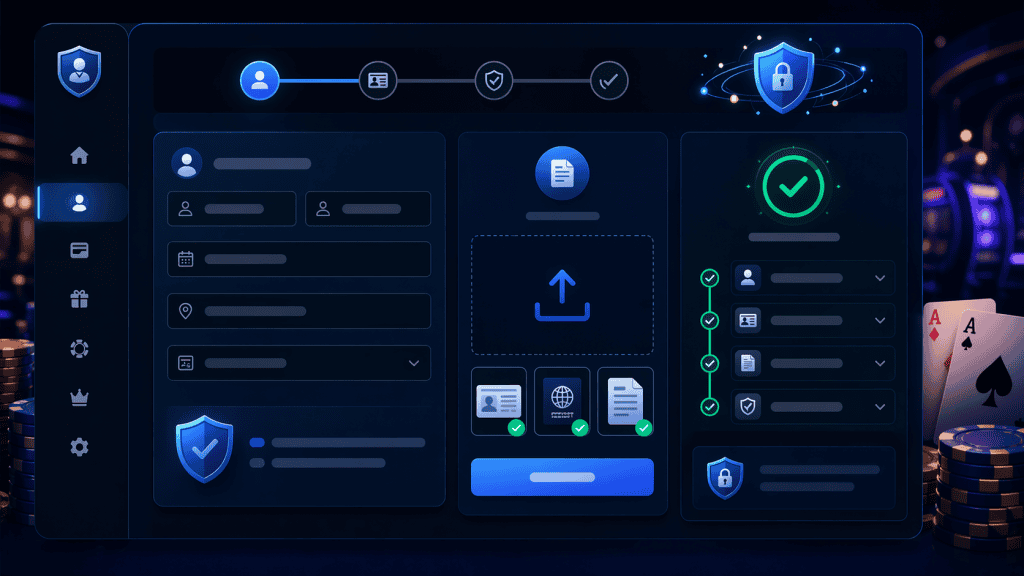 Identity verification page with name fields, document upload, and account check status Casino Site Compliance