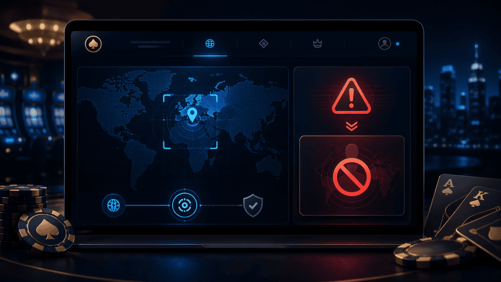 Casino site access screen showing location check and regional restriction notice