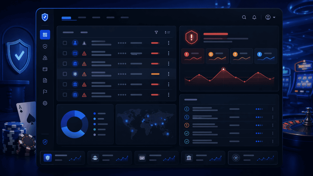 Compliance dashboard with flagged transactions, risk alerts, and activity log entries