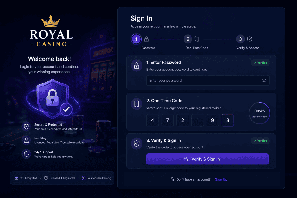 Casino Site Authentication Login page with password field, one-time code prompt, and sign-in verification step 