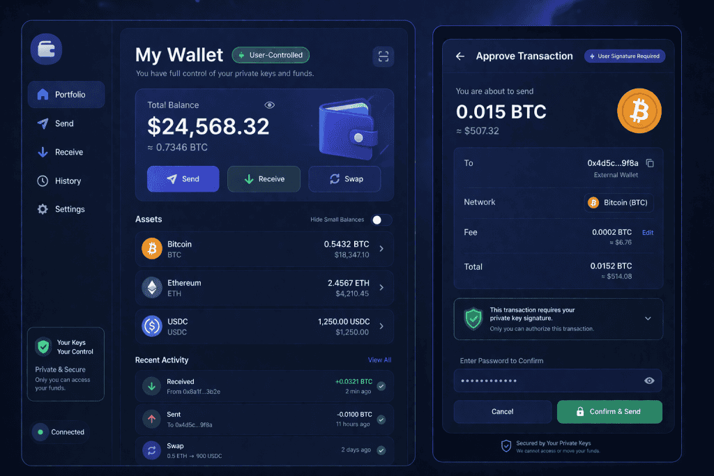 User-controlled crypto wallet showing private balance and transaction approval screen