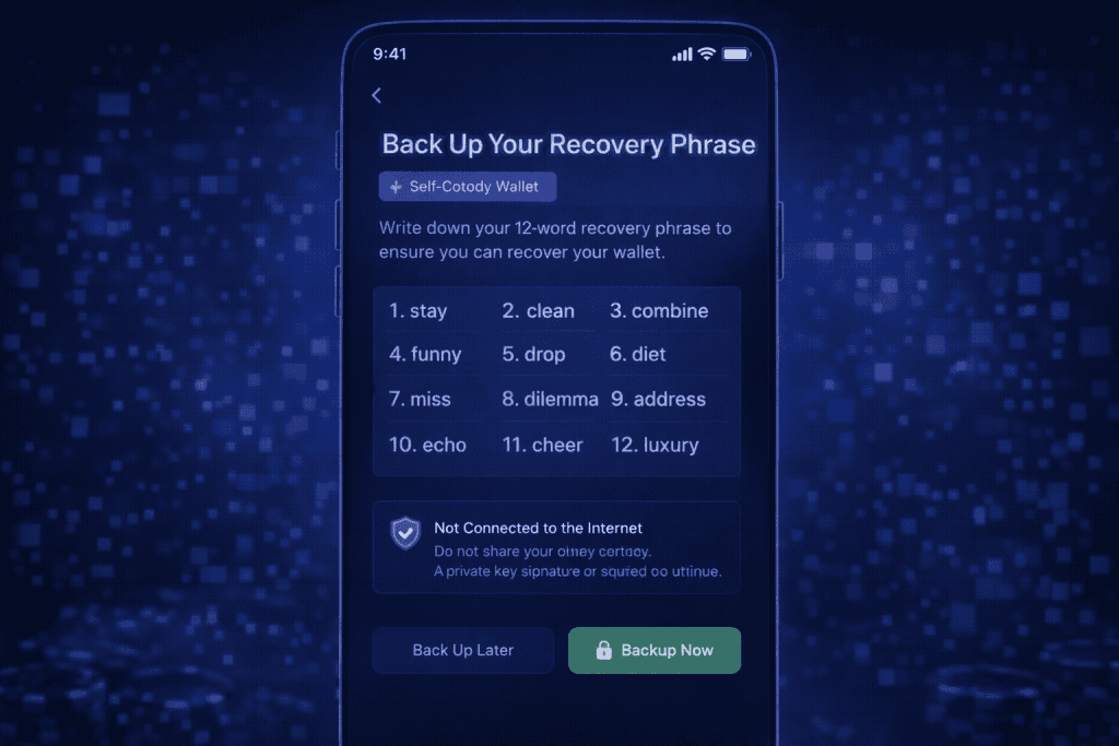 Recovery phrase backup screen for self-custody crypto wallet payments