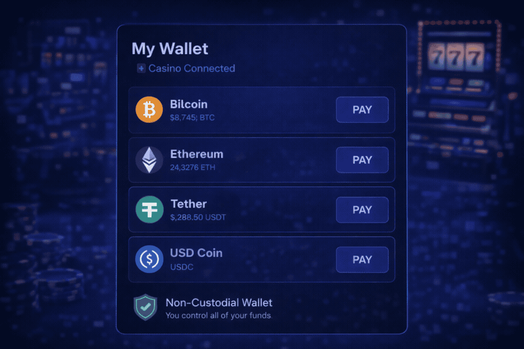 Crypto wallet interface displaying BTC, ETH, and USDT available for site transactions