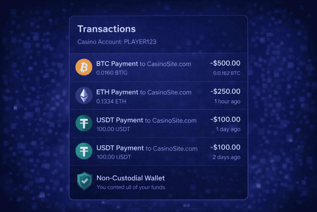 Transaction record showing different crypto payments processed under one casino account