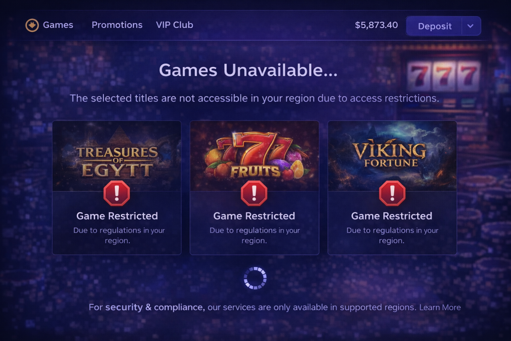 Casino game page with titles unavailable due to regional access limits