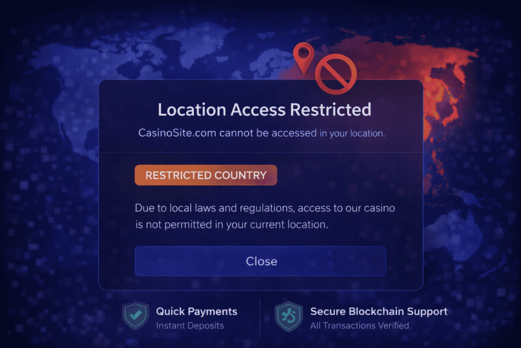 Location access notice showing Casino Site Geo-Restriction in a specific country or region