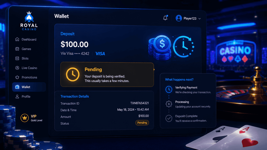 Casino site deposit transaction remaining in pending status during payment verification