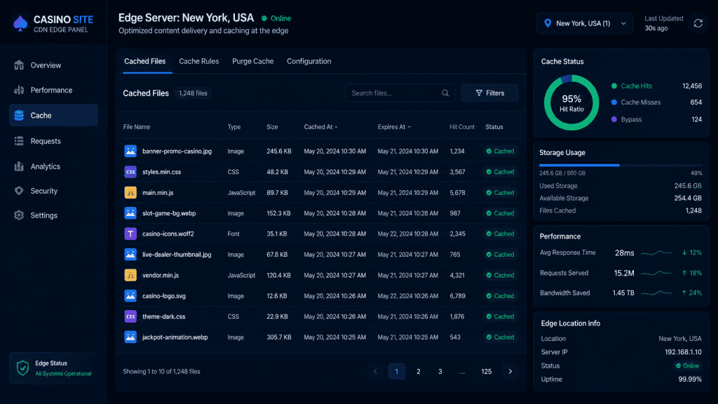 Casino Site CDN edge server panel showing cached website files