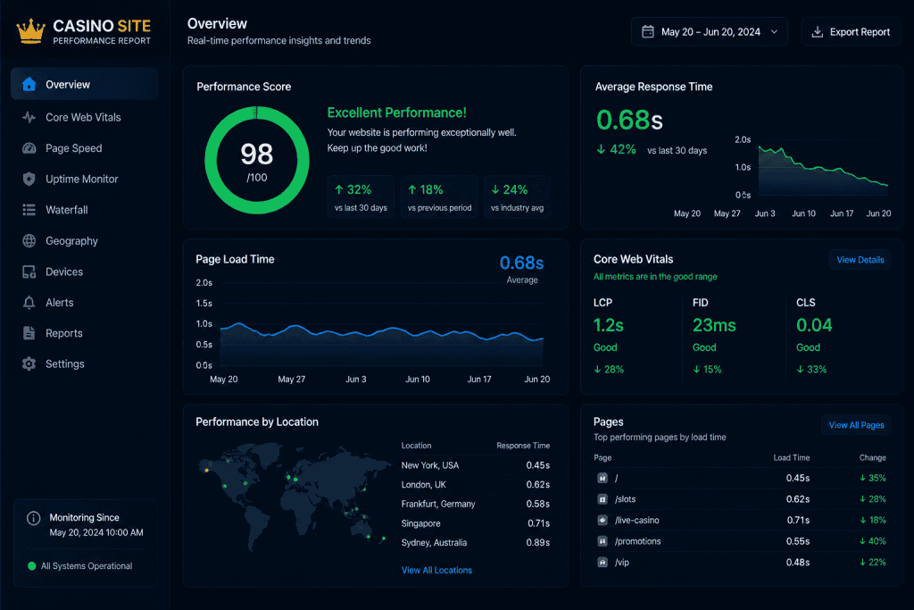 Website performance report showing faster page response time