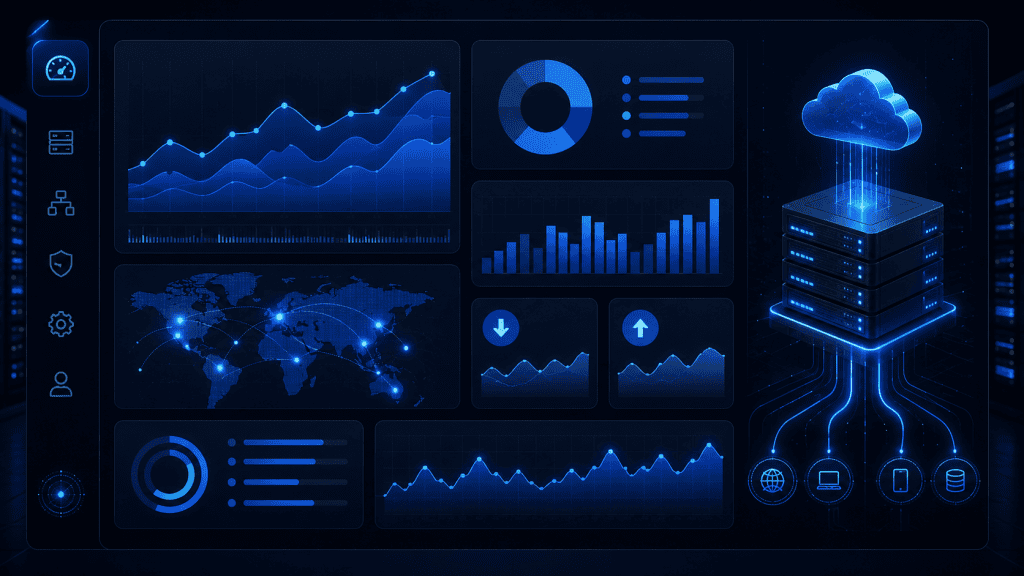 Server dashboard showing website data usage and bandwidth activity