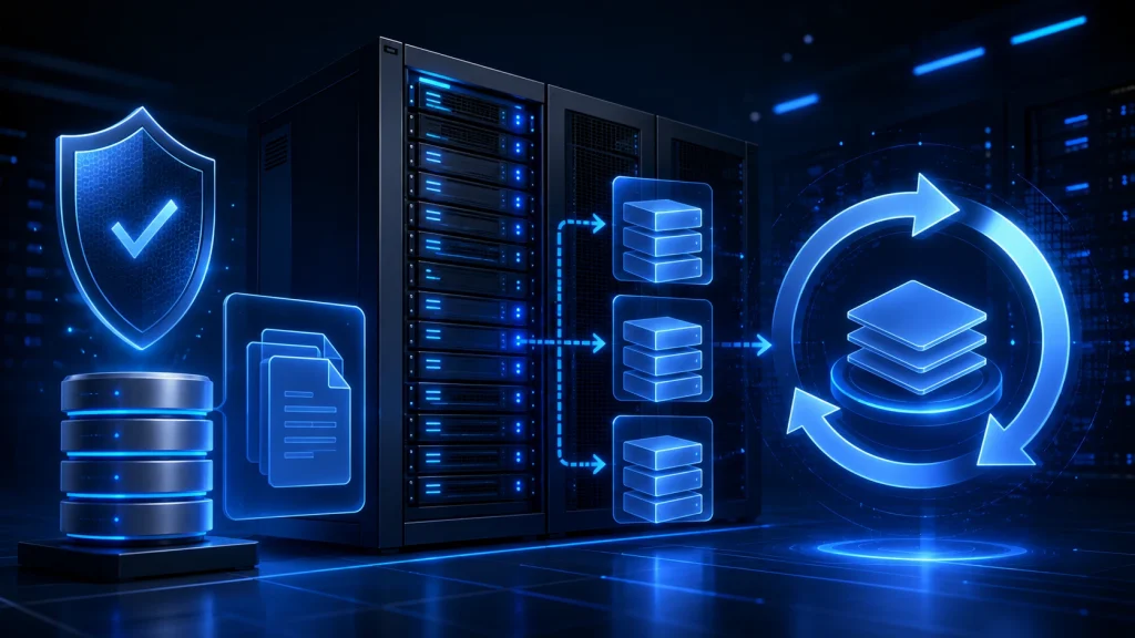 Data backup server showing stored recovery copies for system restoration