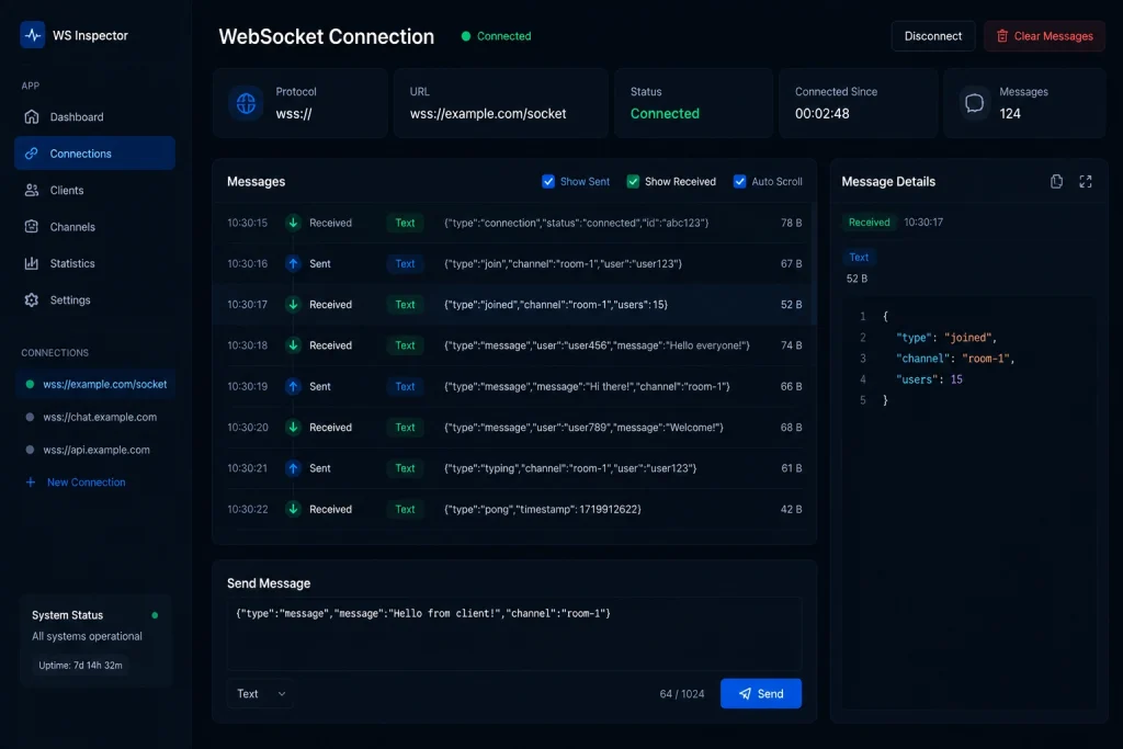 WebSocket connection panel showing active client and server communication